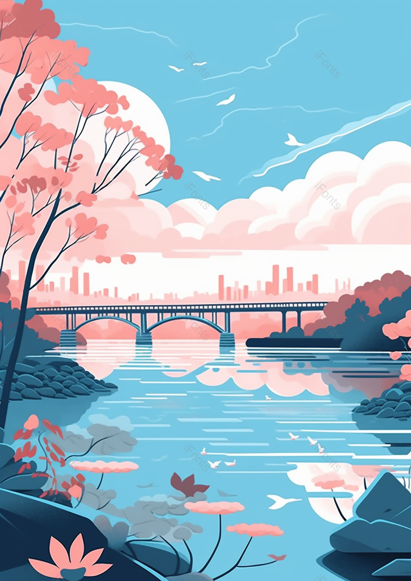 夏天桥边的荷花日出插画背景自然景色手绘,插画/手绘图,插画/手绘图库,插画/手绘图下载,插画/手绘